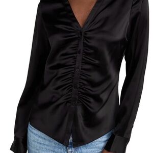 Theory Black Satin Ruched Button-Front Blouse